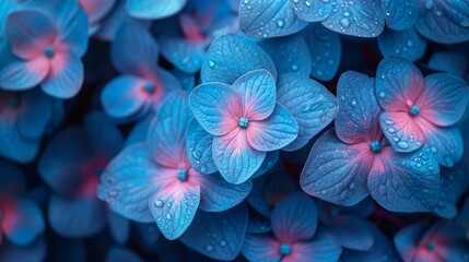 A close-up photograph of blue and pink hydrangea flowers with water droplets on the petals.