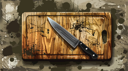 Wooden cutting board with knife on grunge background
