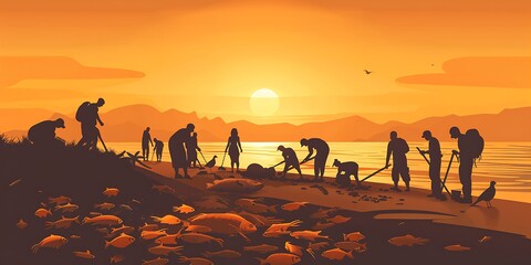 Volunteers cleaning up a polluted beach, silhouette of a group of people