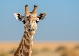 Fototapeta premium Close-up Portrait of a Giraffe against a Blue Sky and Savannah Background