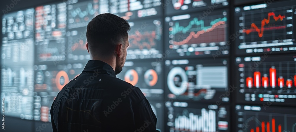 Aufkleber businessman looking to economy chart statistic visualization on large screen. generative ai technolo