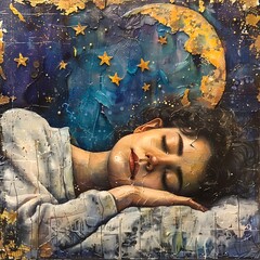 Peaceful Sleep Under the Starry Night Sky Brings Healing and Happiness description This captivating mixed media piece depicts a person peacefully