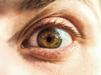 Obraz premium Man's eye close-up, macro, details, pupil, vintage, style, retro, digital noise, lighting, alarming, mysterious, mood