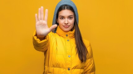 A woman in a yellow jacket is holding up her hand to signal a stop