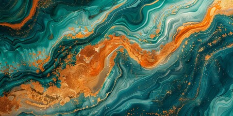 Flowing Modern Acrylic Pour Wallpaper in Beautiful Teal and Orange colors. Liquid texture with Gold Glitter.