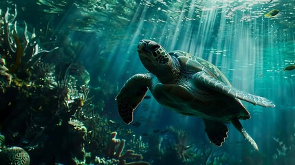 A majestic sea turtle gliding gracefully over a vibrant coral reef, with sunbeams filtering through the ocean surface