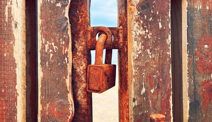 Close-Up Rusty Padlock On Weathered Red Wooden Door
