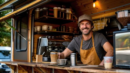 A man is standing behind a counter in a coffee shop