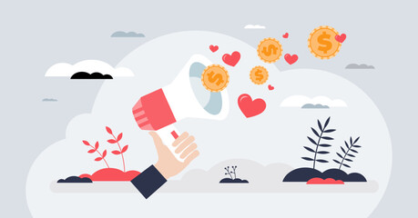 Nonprofit fundraising project with financial aid tiny person hands concept. Support awareness for money raising vector illustration. Philanthropy and public charity project for poor social groups.