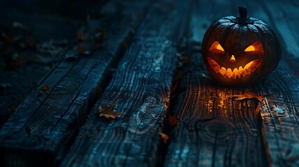 Sinister jack-o'-lantern lurking amidst the darkness on worn wooden planks, its glow illuminating the eerie surroundings