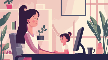Working mother with little daughter at home Vector style