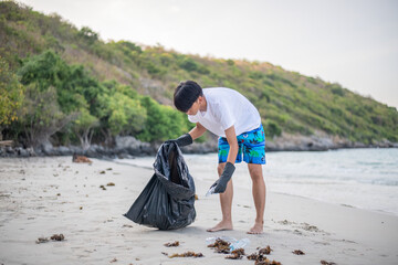 Eco volunteer wearing in summer cloth and safe gloves clean collecting on beach from garbage, plastic, hold trash black bags on beach care of environment is save earth day concept. - 803990908