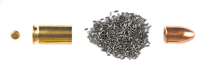 Single pistol bullet main defining components parts capsule cartridge powder case on white background © Ekaterina Myshenko