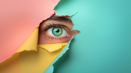 Woman's Eye Peering Through Torn Colorful Paper on Vibrant Background
