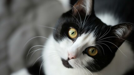 Close-Up Portrait of a Black and White Cat with Striking Yellow Eyes