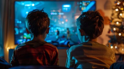 Obraz premium Rear view of two young kid boys looking at the TV or playing on a console in their house