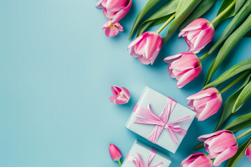 Mother's Day decorations concept. Top view photo of trendy gift boxes with ribbon bows and tulips on isolated pastel pink background with copyspace