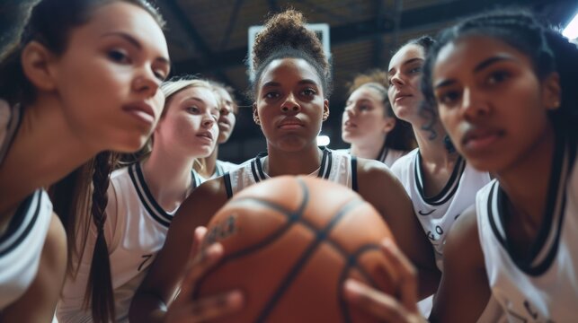 Closeup of motivated female basketball players holding the ball together