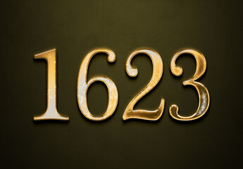 Old gold effect of 1623 number with 3D glossy style Mockup.	