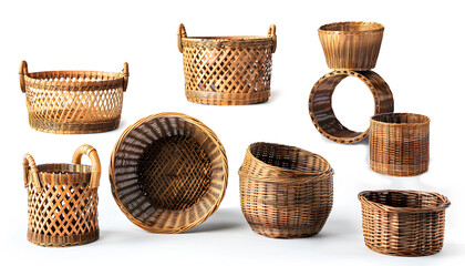 set of stylish rattan baskets on white background