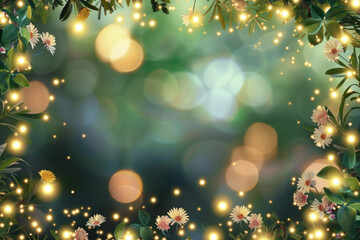 Beautiful fairy lights pattern with flowers around the frame with blank center for background