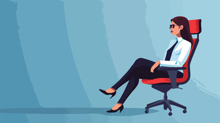 Young businesswoman with office chair on blue backgroun