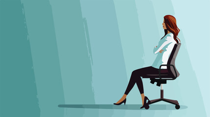 Young businesswoman with office chair on blue backgroun
