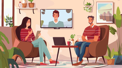 Young couple video chatting at home Vector style vector
