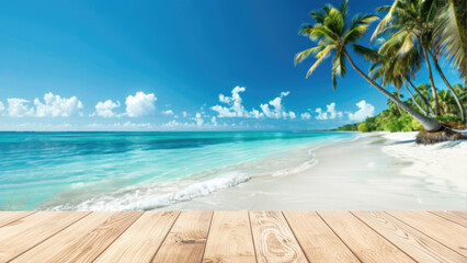 Empty wood table top with beach and blue sky background.