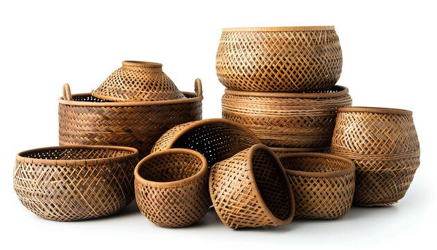 set of stylish rattan baskets on white background