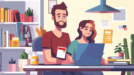 Young couple with laptop and credit card at home. 