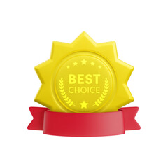 Vector cartoon 3d Best Choice medal with red ribbon realistic icon. Trendy business sunburst award, premium quality product guarantee starburst badge. 3d illustration for sticker, logo, certificate.