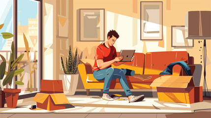 Young man assembling furniture at home Vector style vector