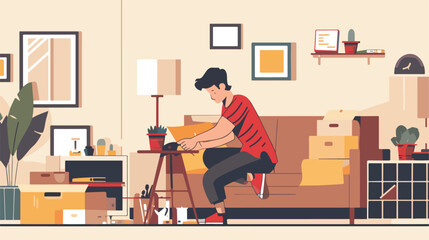 Young man assembling furniture at home Vector style vector