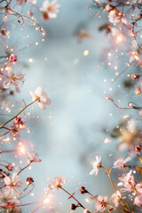 Beautiful fairy lights pattern with flowers around the frame with blank center for background