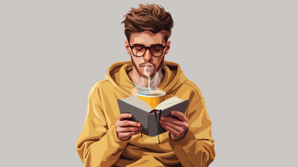 Young man drinking coffee and holding book on grey background