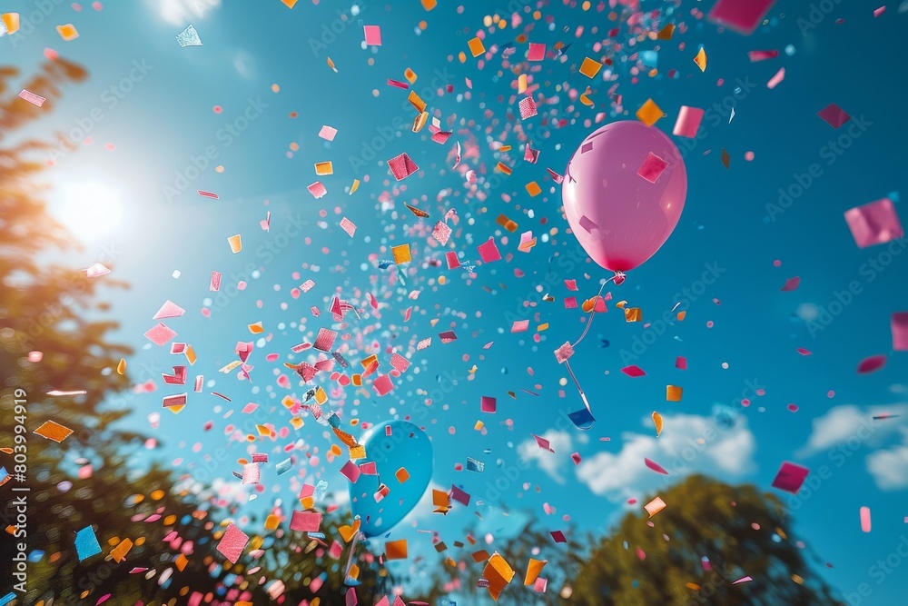 Wall mural festive image capturing a joyful explosion of colorful confetti with a bright blue sky in the backdr