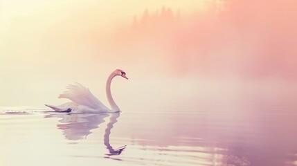 Tranquil Morning: Swan Gliding on Sunlit Lake