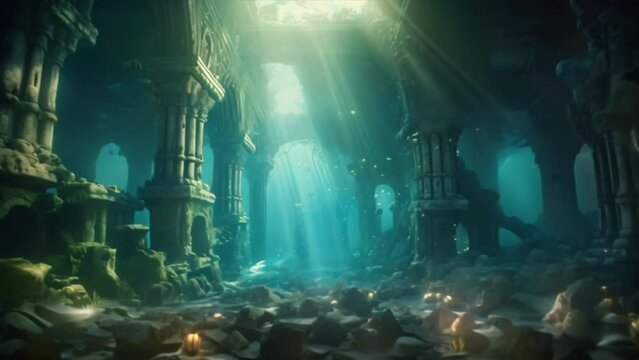 Shipwreck or ancient building submerged under the ocean, world history concept