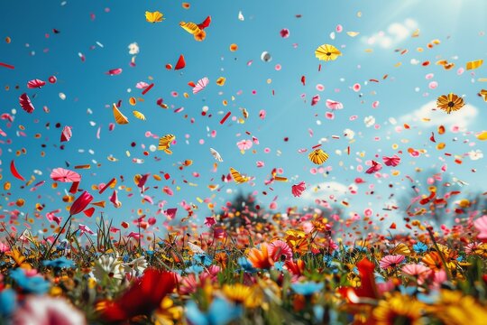 An idyllic image of wildflowers bathed in sunlight with confetti scattered in the air, evoking a natural celebration
