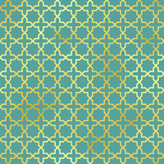 Oriental style seamless pattern. Vector foil gold ornament on green background. Islamic traditional texture for backgrounds, wallpapers, textile patterns, decoration