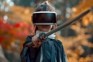 Young child engaged in virtual reality gaming with vr helmet outdoors in autumn