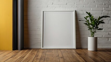 Blank white poster frame Standing on yellow bricks wall. 