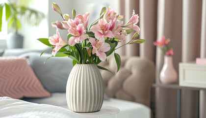 Vase with beautiful alstroemeria flowers and decor on bedside table in bedroom