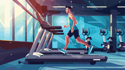 Young man training on treadmill in gym Vector style vector