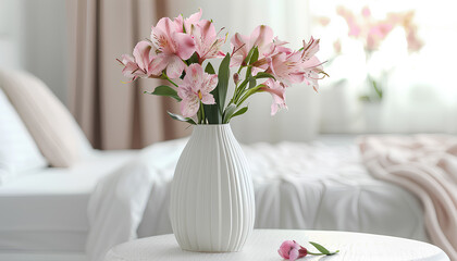 Vase with beautiful alstroemeria flowers and decor on bedside table in bedroom