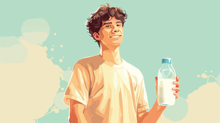 Young man with milk on light background Vector style