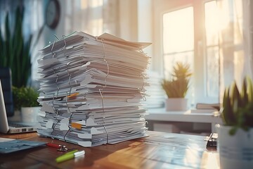 a neatly stacked pile of documents and folders with visible tabs, sitting on a polished wooden desk