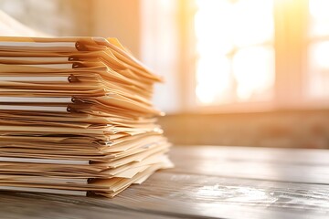 a neatly stacked pile of documents and folders with visible tabs, sitting on a polished wooden desk
