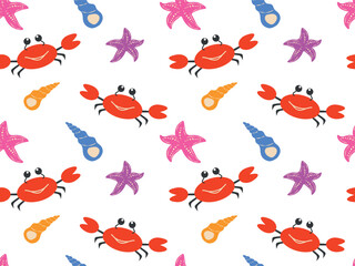 Seamless pattern with starfish, crab and shells on a transparent background. Marine theme vector